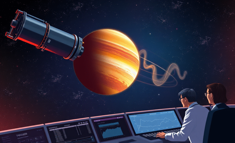 Illustration of James Webb Space Telescope analyzing the atmosphere of exoplanet K2-18b for signs of dimethyl sulfide.